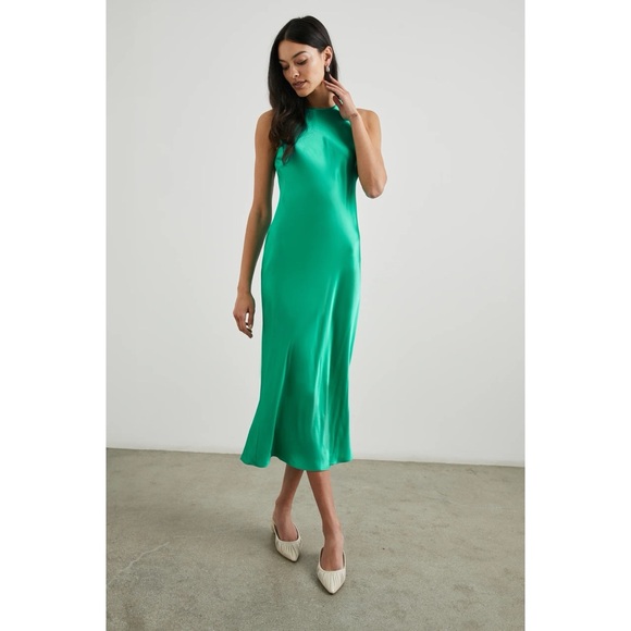 Rails Dresses & Skirts - Rails Solene Midi Dress Satin Jade Green Sleeveless High Neck Slip Cocktail